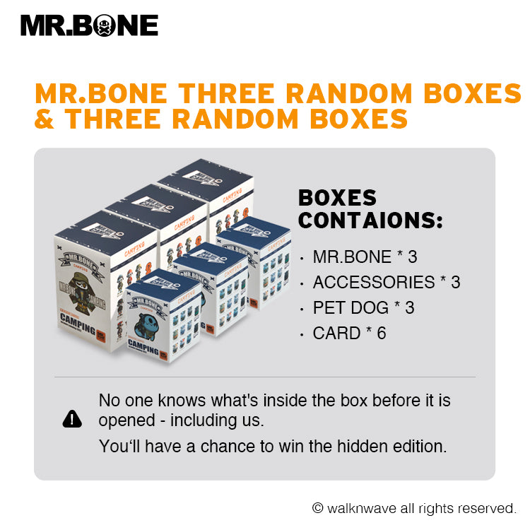 Three random boxes and three dog boxes of the camping series
